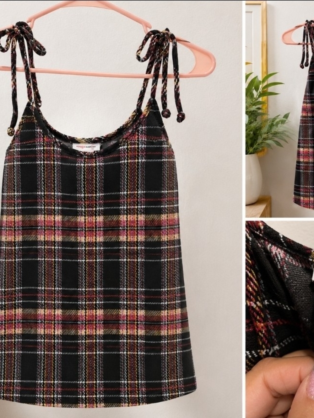 Girls Black Plaid Tie-Shoulder Casual Dress